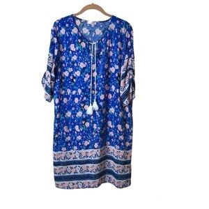 Halife Blue Floral‎ Mixed Print Dress Size L Tie Neck Ruched Sleeve Lightweight